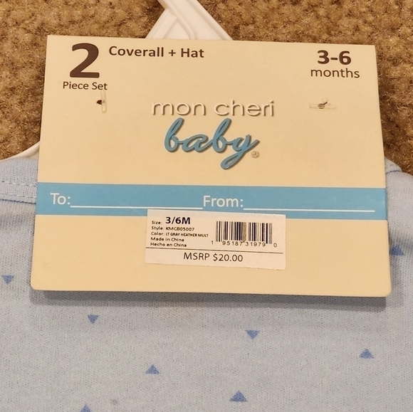 nwt Mon Cheri Baby 2 Piece Blue Coverall & Hat Set, size 3-6 months - Picture 6 of 8